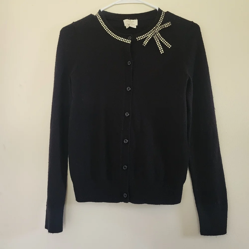 Kate Spade Black Embellished Bow Wool Blend Cardigan Sweater Size XXS